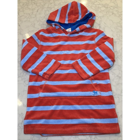 Mini Boden Striped Terry Cloth Hoodie Swim Coverup  Blue Red 4-5Y - Picture 4 of 5